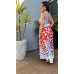 Vestido Midi Linho Estampa Rosto de Onça Azul com vermelho