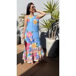 Vestido Midi Azul Claro Estampa Floral Ajuste no Pescoço Caimento Fluido