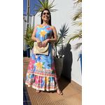Vestido Midi Azul Claro Estampa Floral Ajuste no Pescoço Caimento Fluido
