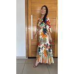 Vestido Midi Estampado Fundo Off White Manga Longa Decote V