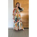 Vestido Midi Estampado Fundo Off White Manga Longa Decote V