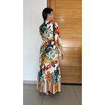 Vestido Midi Estampado Fundo Off White Manga Longa Decote V