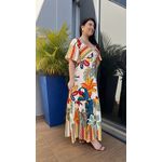 Vestido Midi Estampado Fundo Off White Manga Soltinha Decote V