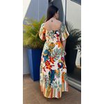 Vestido Midi Estampado Fundo Off White Manga Soltinha Decote V