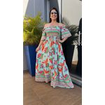 Vestido Midi Estampa Tropical Mangas Soltinhas Lastéx Busto e Costas AZUL