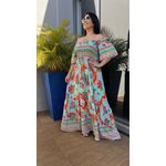 Vestido Midi Estampa Tropical Mangas Soltinhas Lastéx Busto e Costas AZUL