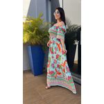 Vestido Midi Estampa Tropical Mangas Soltinhas Lastéx Busto e Costas AZUL