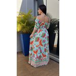 Vestido Midi Estampa Tropical Mangas Soltinhas Lastéx Busto e Costas AZUL