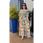 Vestido Midi Estampa Tropical Mangas Soltinhas Lastéx Busto e Costas Verde