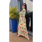 Vestido Midi Estampa Tropical Mangas Soltinhas Lastéx Busto e Costas Verde