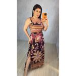 Vestido Midi Decote Reto Estampa Rosa Off Fundo Marrom com Fenda Lateral