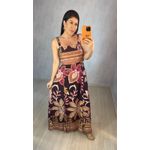 Vestido Midi Decote Reto Estampa Rosa Off Fundo Marrom com Fenda Lateral