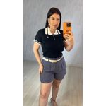 Blusa Gola Polo Feminina em Tricot Modal com Botões - PRETA