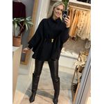 Capa Oversized Em Fio Pluma Com Cinto Preto 3005