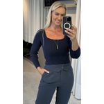 Blusa Canelada Com Decote Quadrado Azul Marinho 