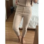 Calça De Tricô Com Barra Italiana Bege Café Com Leite