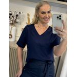 Blusa De Linho Com Decote V Azul Marinho 