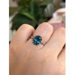 Anel Pedra Oval Safira Azul Ajustável Ródio Branco