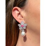 Brinco Luxo Flor Ligth Pink Pérola Ródio Branco