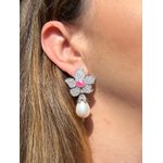 Brinco Luxo Flor Ligth Pink Pérola Ródio Branco