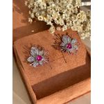 Brinco Raios Flor Safira Rosa Pink Rodio Branco