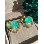 Conjunto Luxo Brinco e Anel em Pedra Abalone Formato Coração