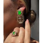 Conjunto Brinco e Anel Square Verde Banho Ouro