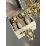 Conjunto Brinco e Anel Flor Colorida e Peróla