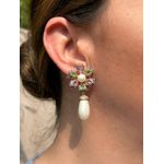 Conjunto Brinco e Anel Flor Colorida e Peróla