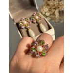 Conjunto Brinco e Anel Flor Colorida e Peróla