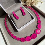 Conjunto Brinco e Colar Pedras Ovais Luxo Pink