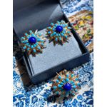 Conjunto Brinco e Anel Raios Azul Turquesa Dourado