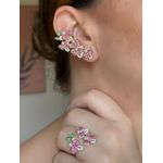 Conjunto Brinco EarCuff e Anel Mini Orquídeas Safira Rosa e Pérolas