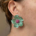 Brinco Maxi Flor Verde e Safira Rosa