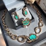 Conjunto Brinco, Colar e Anel Organico Pedra Turmalina
