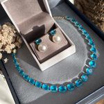 Conjunto Brinco e Colar Água Marinha detalhe em Pérola