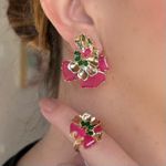 Conjunto Brinco E Anel Leque Pink