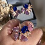 Conjunto Brinco E Anel Carla Azul Safira e Ametista
