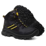 Bota de Segurança Catpriime Couro, Solado Antiderrapante e Material Refletivo - Preta com Amarelo