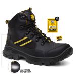 Bota de Segurança Catpriime Couro, Solado Antiderrapante e Material Refletivo - Preta com Amarelo