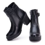 Bota Feminina Coturno Fivela Tratorado De Salto Cano Curto Preto 