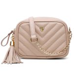 Bolsa Jhully em Couro Feminina na cor Nude com Corrente Dourada e Tassel