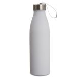 Garrafa de inox 750ml com tampa rosqueável e alça de nylon embutida.