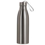 Garrafa de inox 750ml com tampa rosqueável e alça de nylon embutida.