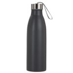 Garrafa de inox 750ml com tampa rosqueável e alça de nylon embutida.