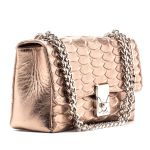 Bolsa Feminina Dourada em Couro Legítimo Texturizado Escamas Festa Balada Elegante