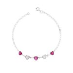 Pulseira Corações Pink e Cristal Prata 925