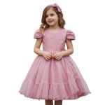 Vestido Rose Infantil Menina Festa Glitter Perolas Elegante Com Babado 