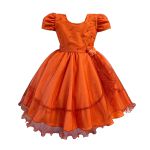 Vestido Laranja Infantil Menina Festa Glitter Perolas Elegante Com Babado