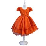 Vestido Laranja Infantil Menina Festa Glitter Perolas Elegante Com Babado